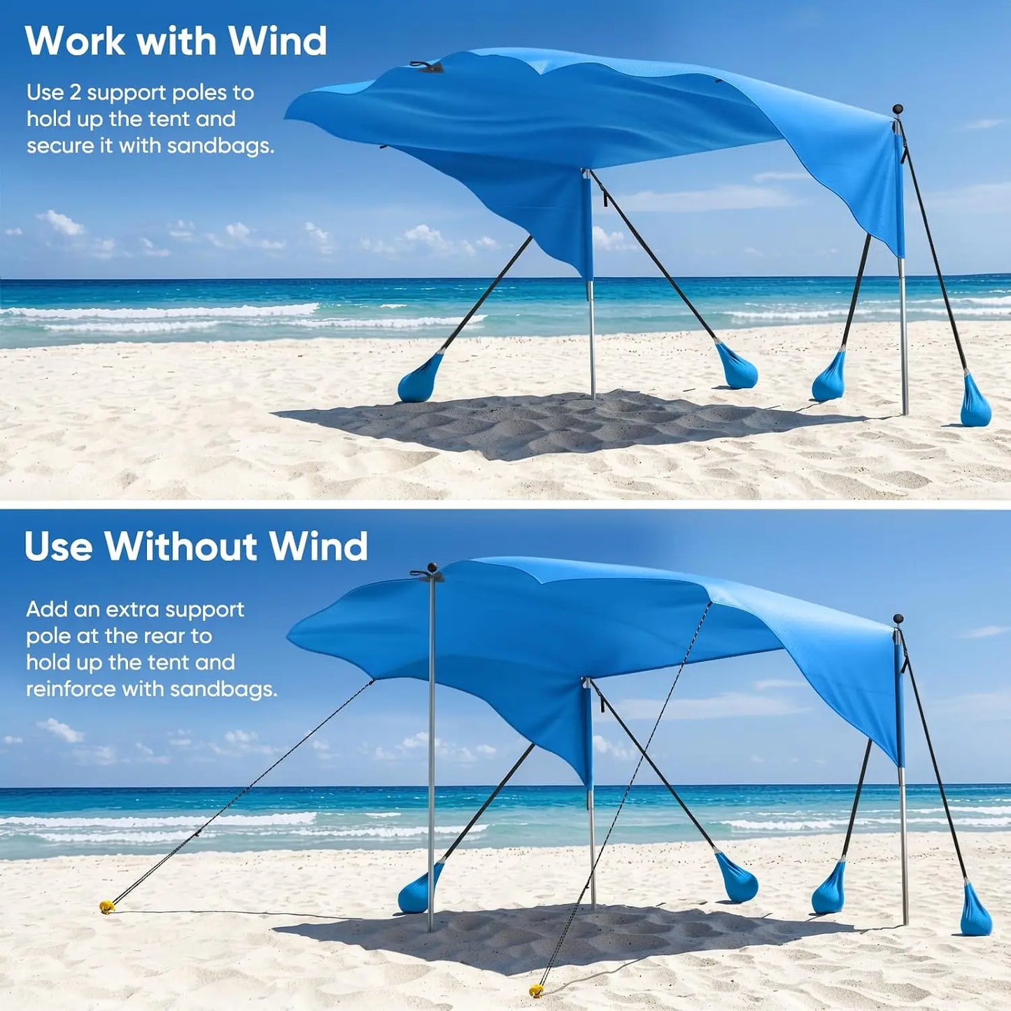 Polyester Beach Shade Canopy, Heavy Duty Wind Supported Sunshade Sail For Outdoor Coastal Trips Family Travel And Backyard, Durable UPF 50 Plus Sun Protection Tent, Blue Single Pack
