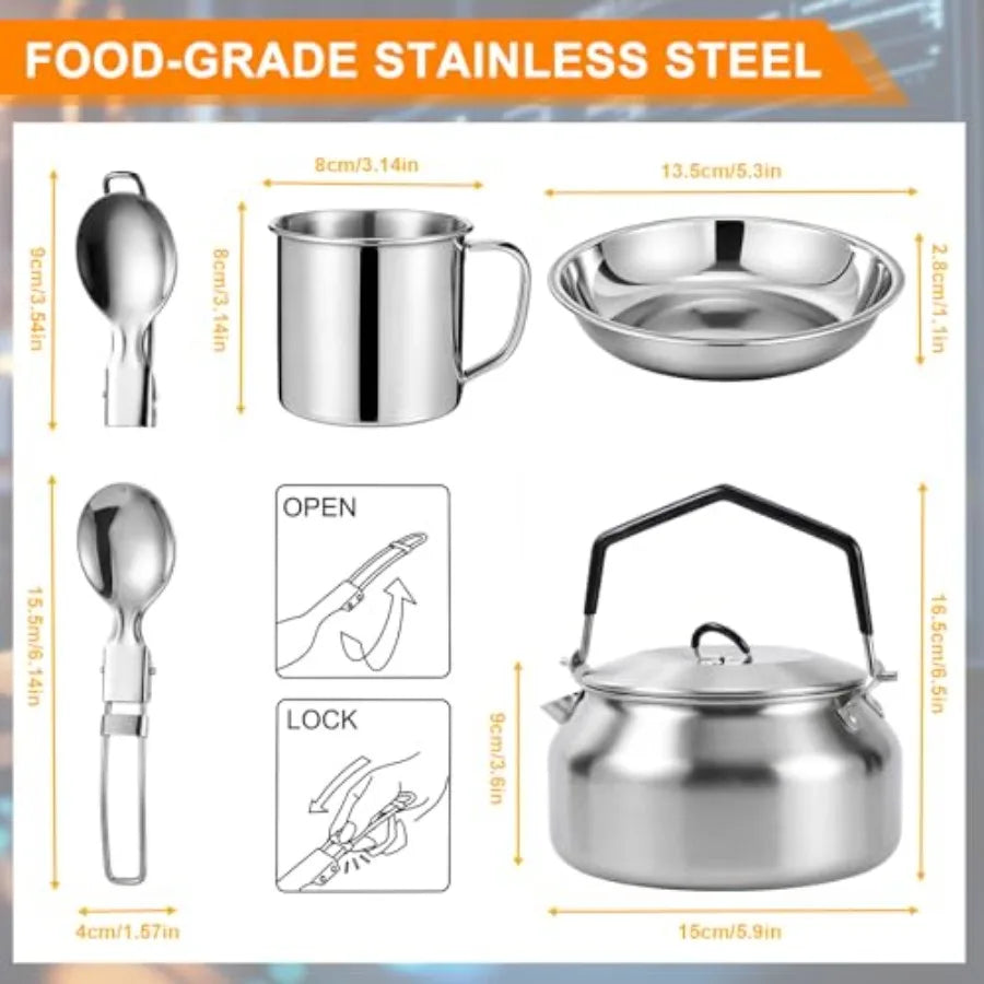 Camping cookware kit: stainless steel pots, cups, plates, forks, knives, spoons silver, durable, lightweight, for camping, back