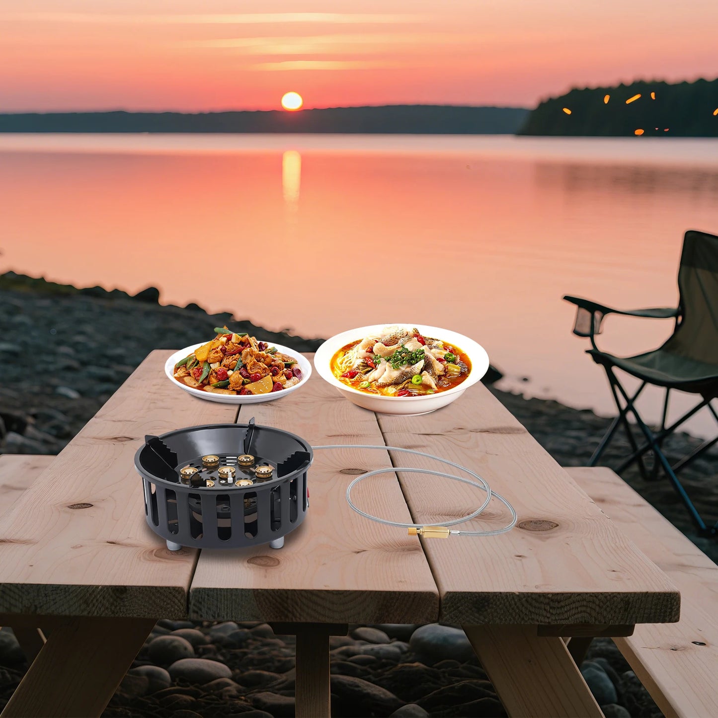 old-Rolled Steel Portable Camping Stove, 72000BTU 3-Adapter Gas Cooker, Windproof Design for Camping Hiking Picnic