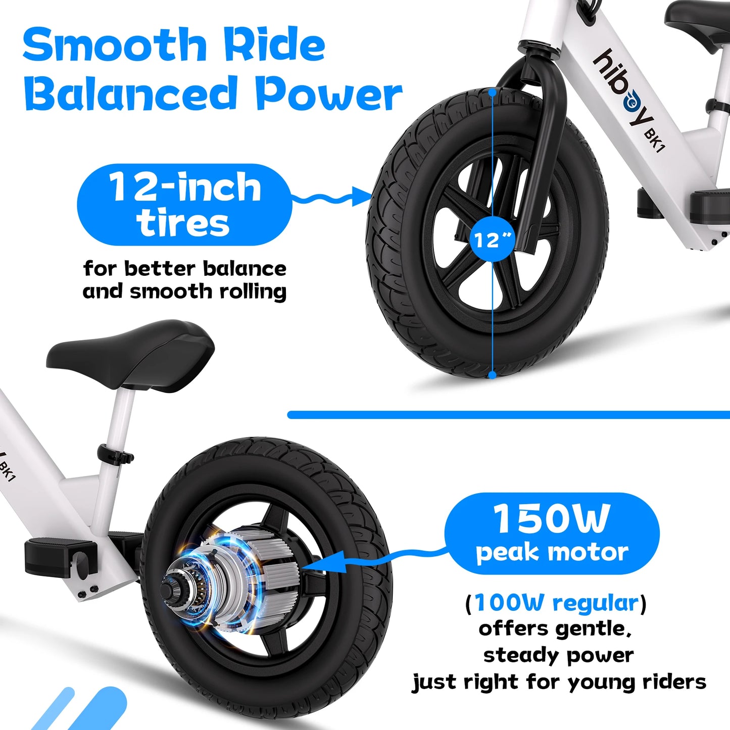 Hiboy BK1 Electric Balance Bike for Kids, 12-Inch Tires, 5.6/9 MPH, Adjustable Seat, Up to 4.9 Miles, Electric Bike for Kids Ages 3–5