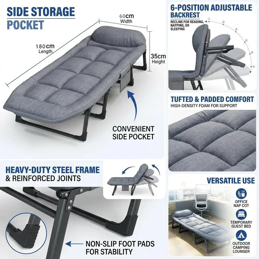 Portable Folding Bed Camping Cot with Soft Padded Mattress 6-Position Adjustable Reclining Sleeping Lounger Heavy Duty Metal Frame for Office Nap Outdoor Travel Guest Space Saving Space