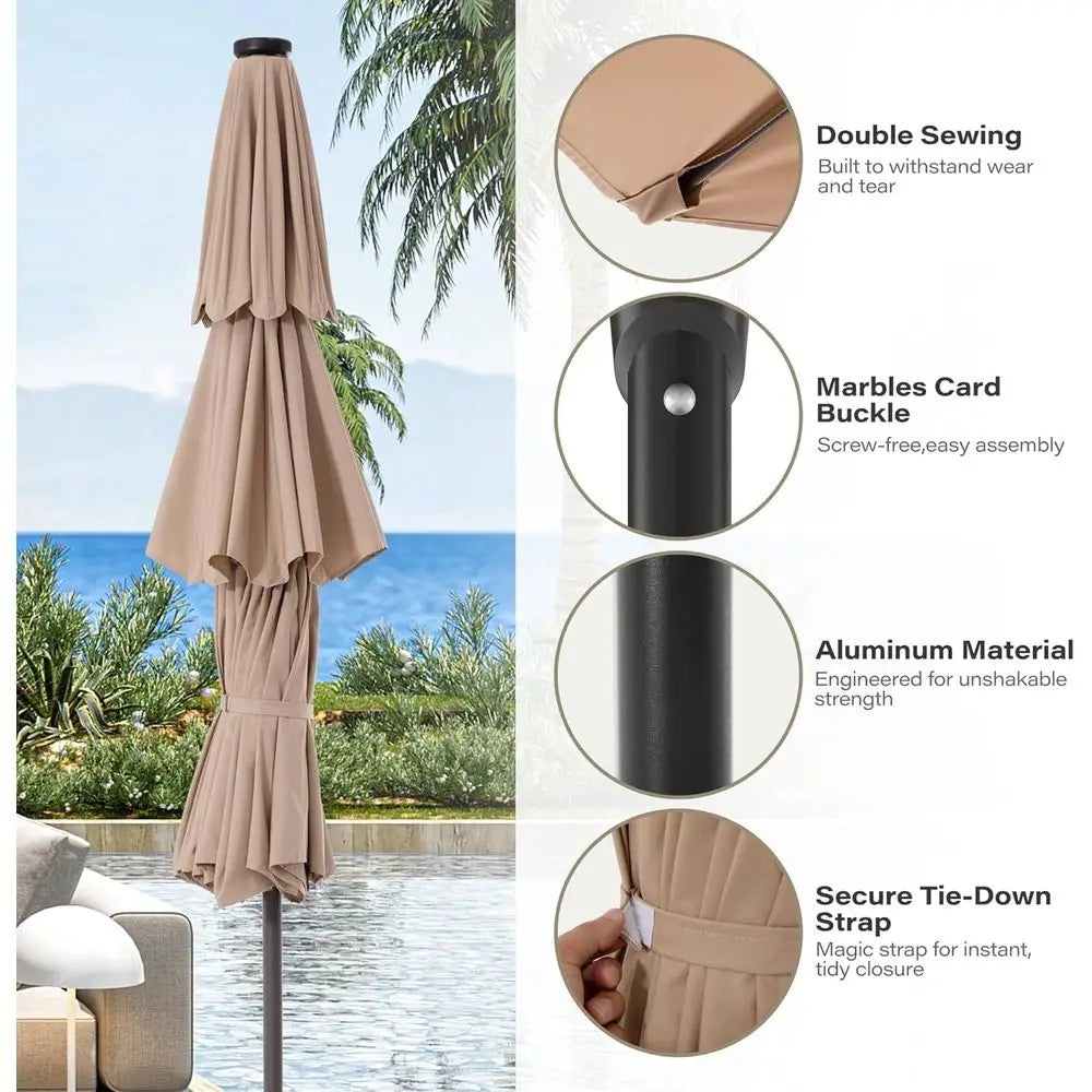 10-Foot LED Patio Umbrella with Crank and 3-Tier Canopy, 8-Rib Outdoor Market Umbrella for Poolside, Garden, Dining, Beige with