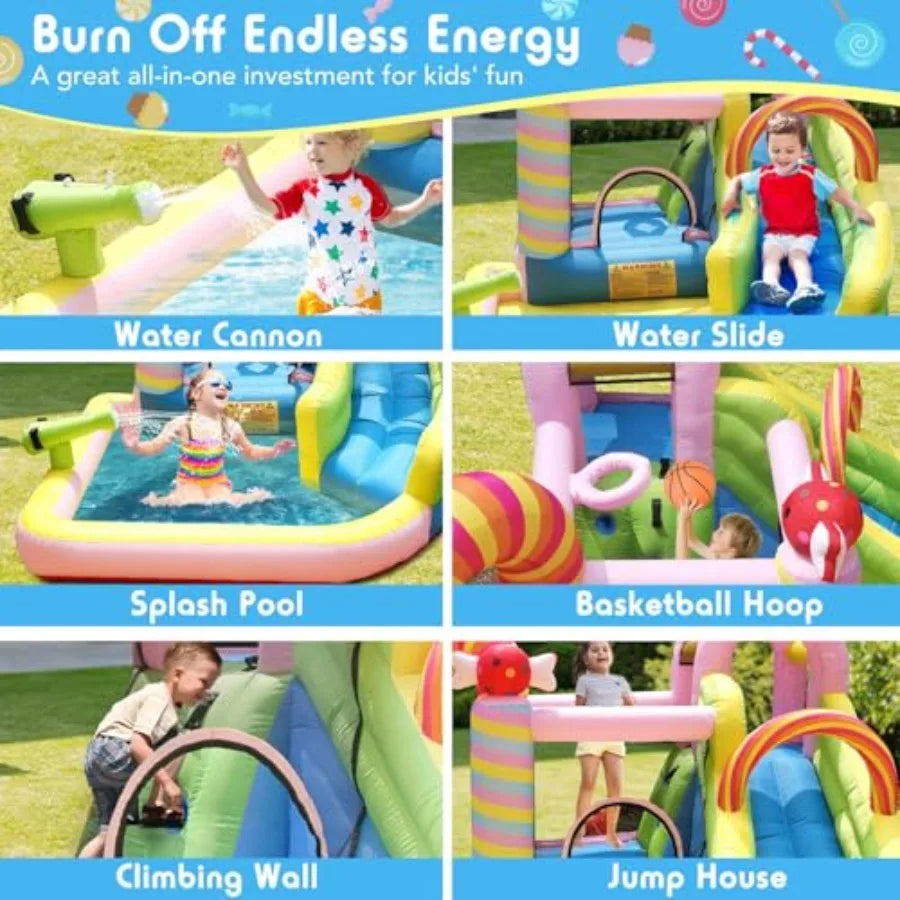 6-in-1 Iatable Water Slide Bounce House for Ages 3-10, Candy Iatable Water Park with Splash Pool, Climbing Wall, Basketball Hoo