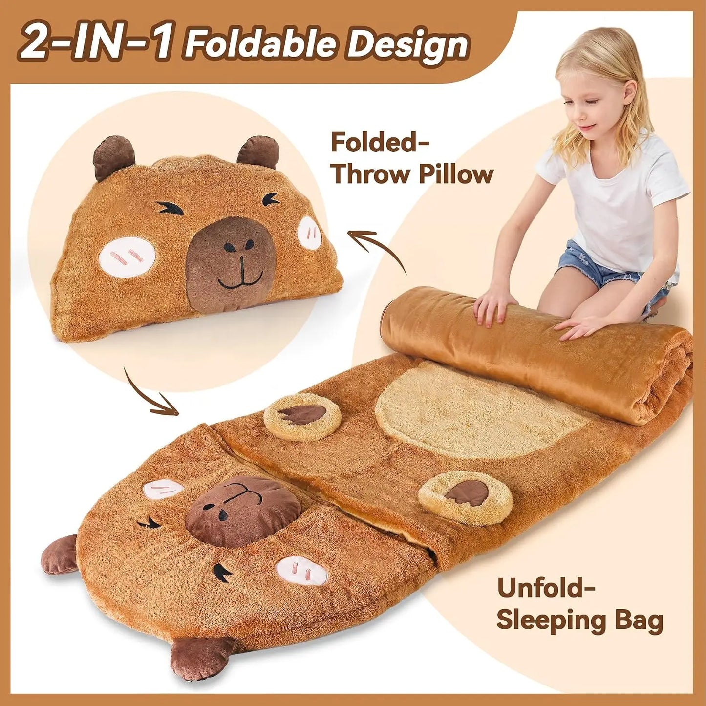 Kids Sleeping Bag, Plush Capybara Nap Mat, 2-in-1 Pillow, Travel Sleepover, Gift for Ages 3-12