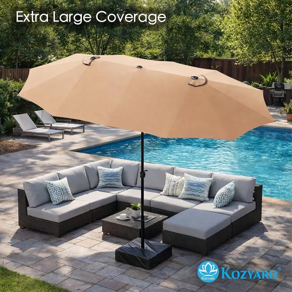 Double-Sided 15ft Patio Umbrella with Crank Lift, UV Protection, and Included Base for Outdoor, Pool, and Garden in Beige