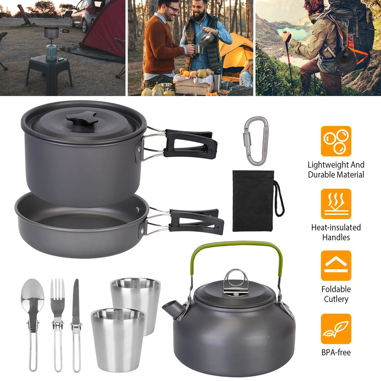 12Pcs Camping Cookware Set, Lightweight Hard Anodized Aluminum Pot Pan Kettle Kit with 304 Stainless Steel Foldable Cutlery & Cups, Heat Resistant Foldable Handles, Portable Storage Bags & Carabiner for Backpacking Hiking Pic