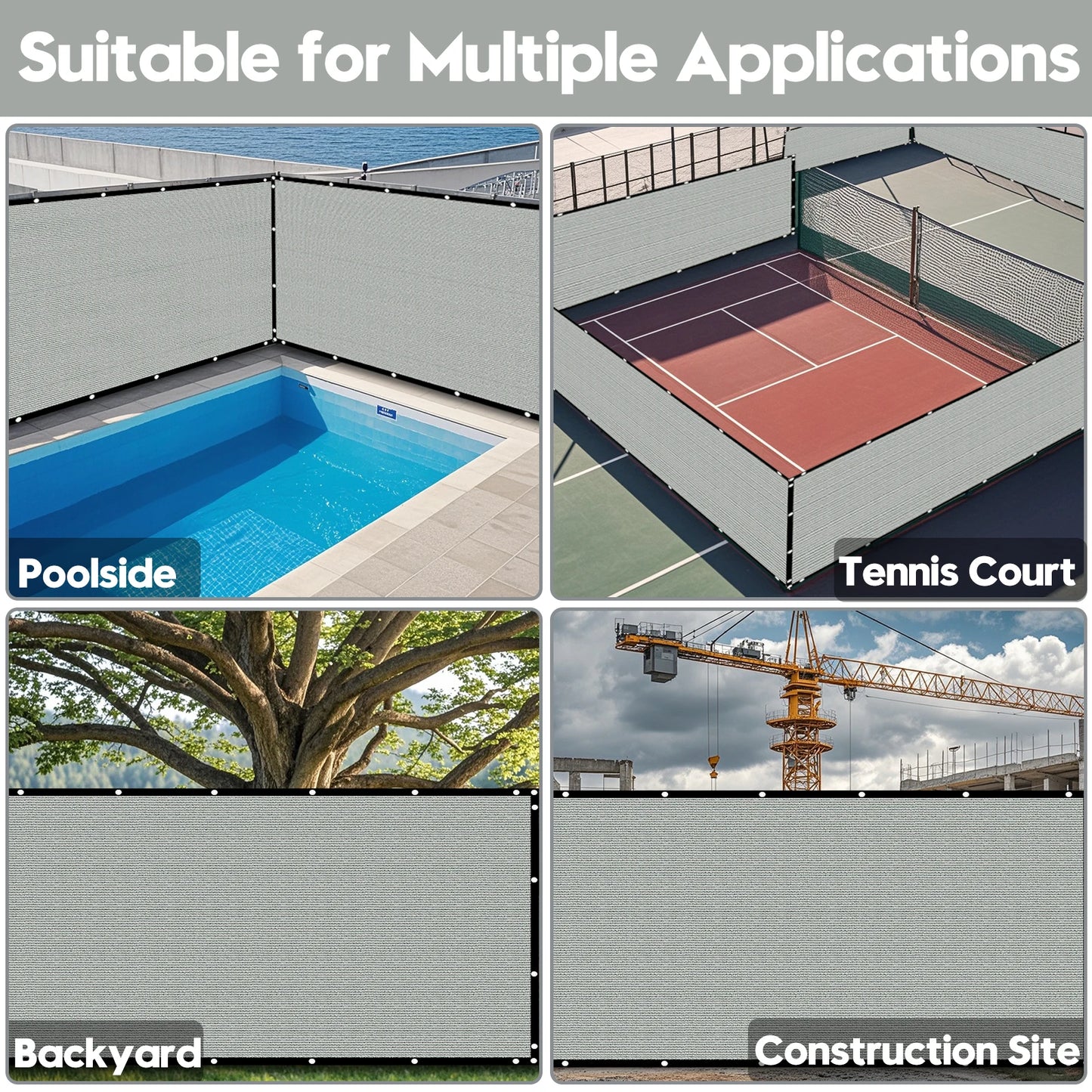 6x50ft gray Heavy Duty Fence Privacy Screen Fence Covering Privacy with Straps & Brass Grommets, 90% Privacy Blockage Mesh Shade Net for Balcony Yard Outdoor Pool