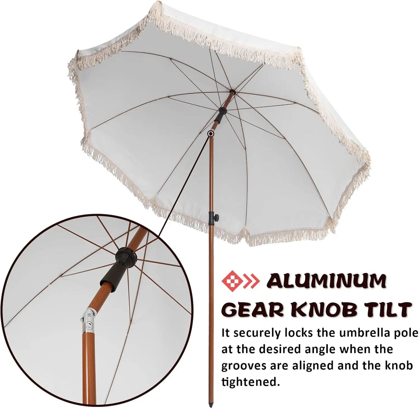 7.5Ft Patio Beach Umbrella with Fringe & Tassel, UPF50+ Push Button Tilt & Crank, for Garden, Lawn, Deck, Yard & Pool