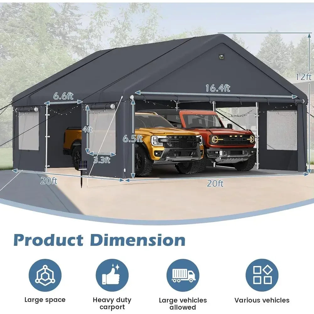 20x20 Heavy-Duty Carport with Galvanized Steel Frame and Waterproof 3-Layer PE Cover for Outdoor Storage and Vehicle Protection