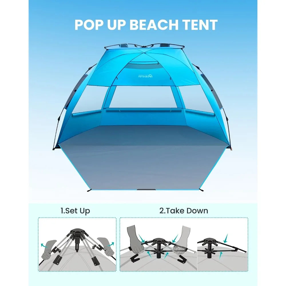 Pop Up Beach Tent for 3-4 Person, Instant Setup Sun Shelter with UPF50+ UV Protection, Portable Shade Canopy with Sandbags for Beach & Outdoor