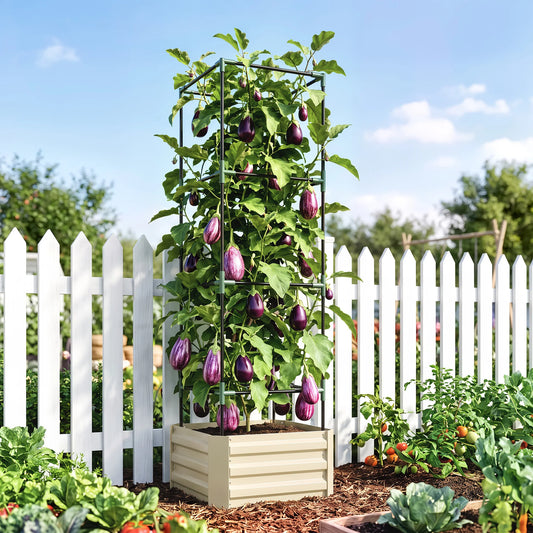 Galvanized Raised Garden Bed with Tomato Cage, Open Bottom, Cream