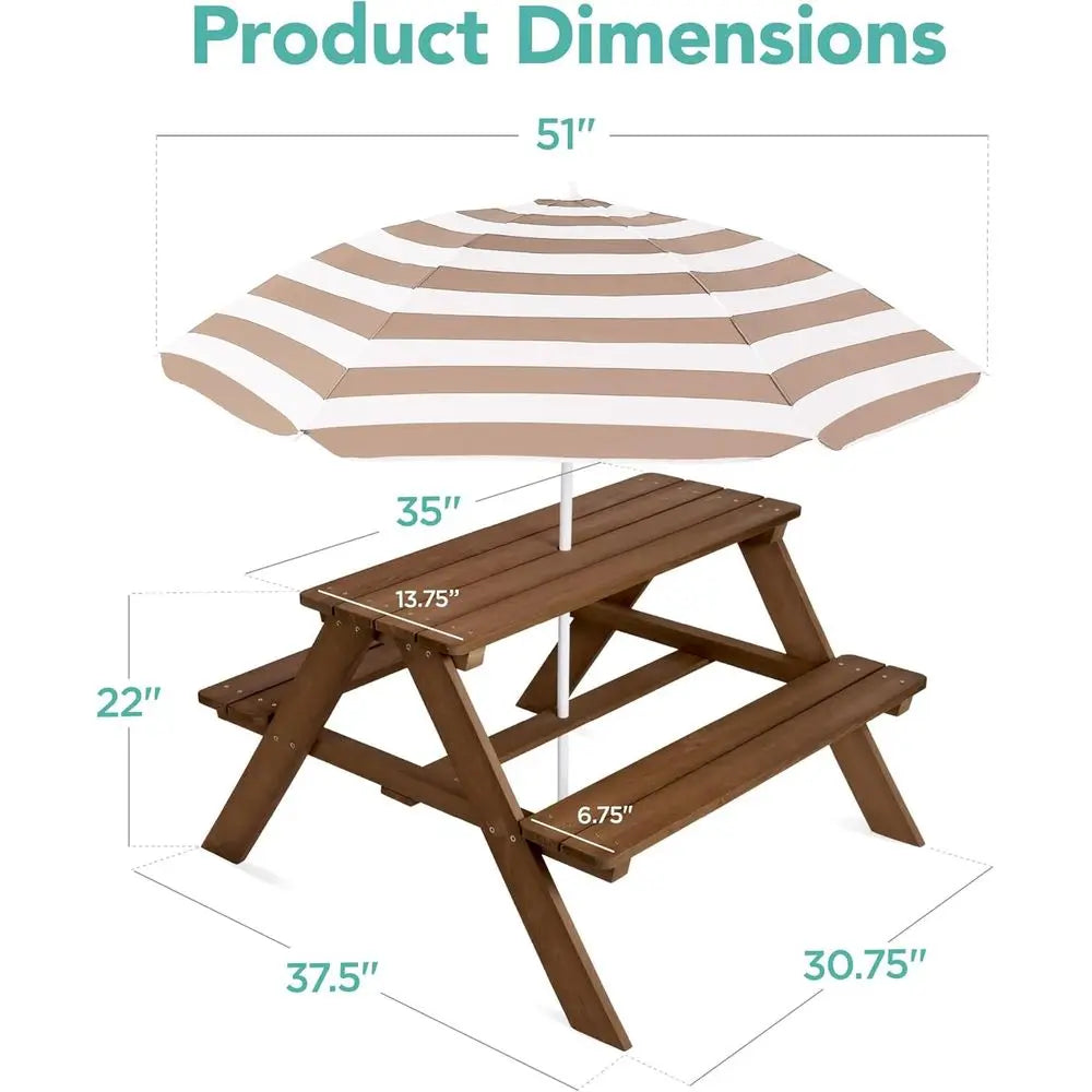 Sturdy Wooden Kids Picnic Table With Umbrella And Benches