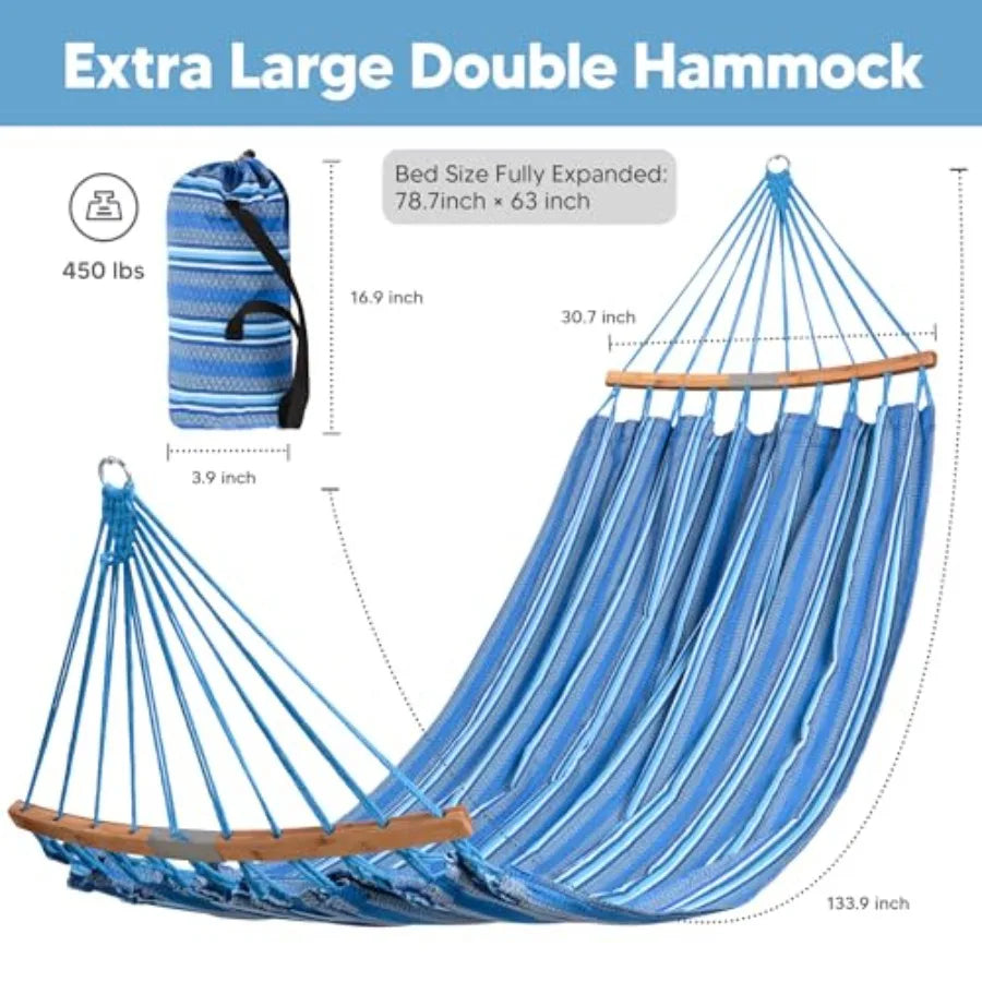 Double Hammock With Curved Spreader Bar For Outdoor Use