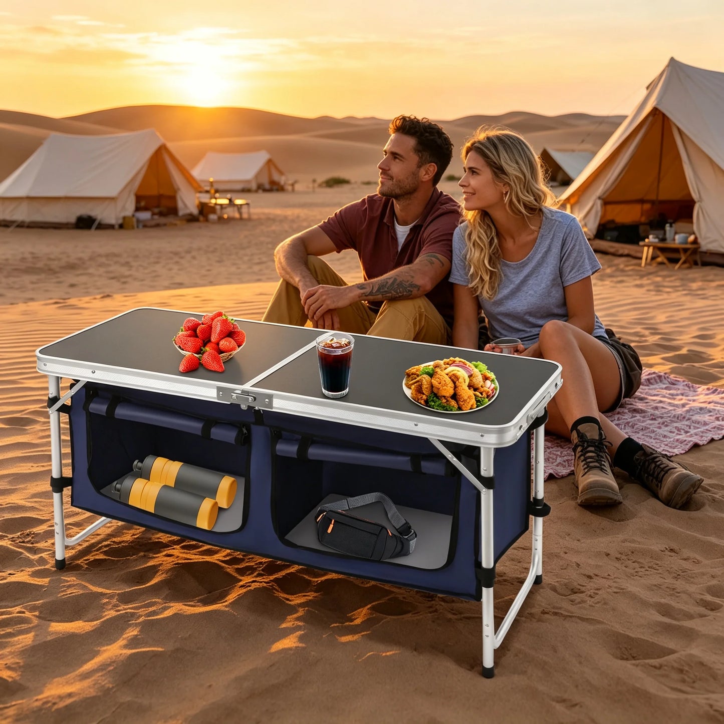 Folding Camping Table Foldable & Portable Camping Table Folding Camping Table with Adjustable Legs 120*47*70cm Dual Panels Adjustable Height Grip-and-go Feet for Travel Beach Backyards BBQ Party