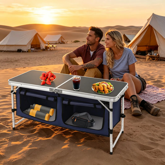Folding Camping Table Foldable & Portable Camping Table Folding Camping Table with Adjustable Legs 120*47*70cm Dual Panels Adjustable Height Grip-and-go Feet for Travel Beach Backyards BBQ Party