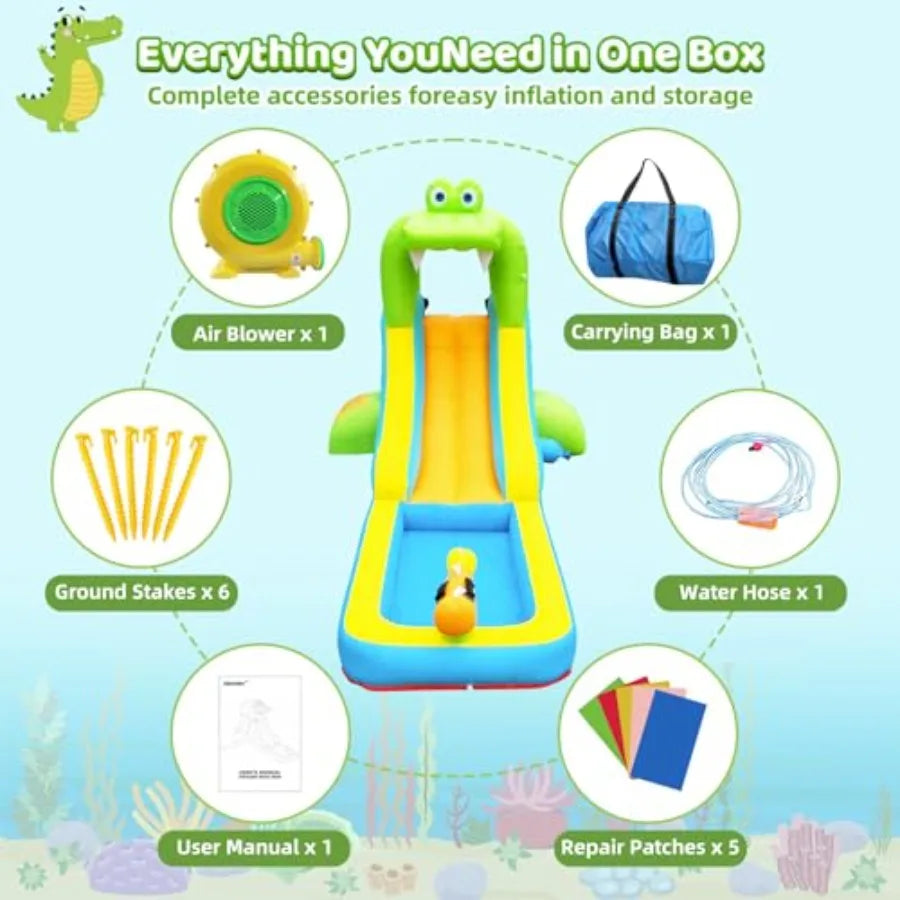 Iatable Water Slide - Crocodile Theme Bounce House Water Park with Blower, Climbing Wall, Splash Pool, Water Cannon, Blow up To