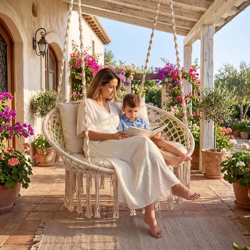 Double Swing Chair with Cushions Macrame Hanging Hammock Chair for Indoor and Outdoor Use-Beige