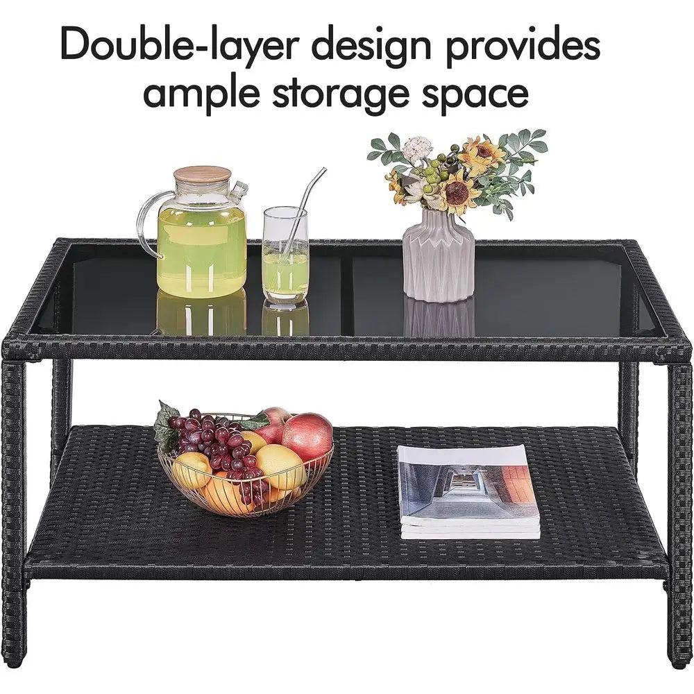 All-Weather Rattan Outdoor Side Table with Tempered Glass Top for Patio or Garden, Black