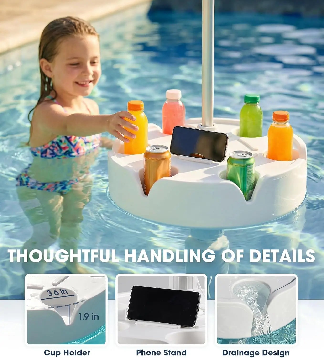 7FT Floating Table Umbrella With Base And Cup Holder, Portable Pool Sunshade For Inside Water, Floating Poolside Shade With Easy Carry Bag For Swimming Area Beach Lake House, Navy