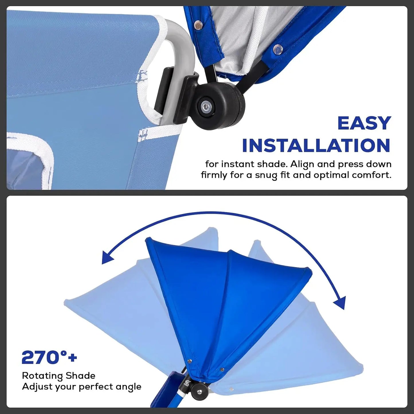 2 Pack Folding Beach Tanning Chair with Face Hole Canopy Shade 5 Position Reclining Flat Lounge Chair Face Down Sun Lounger Side Pocket Royal Blue