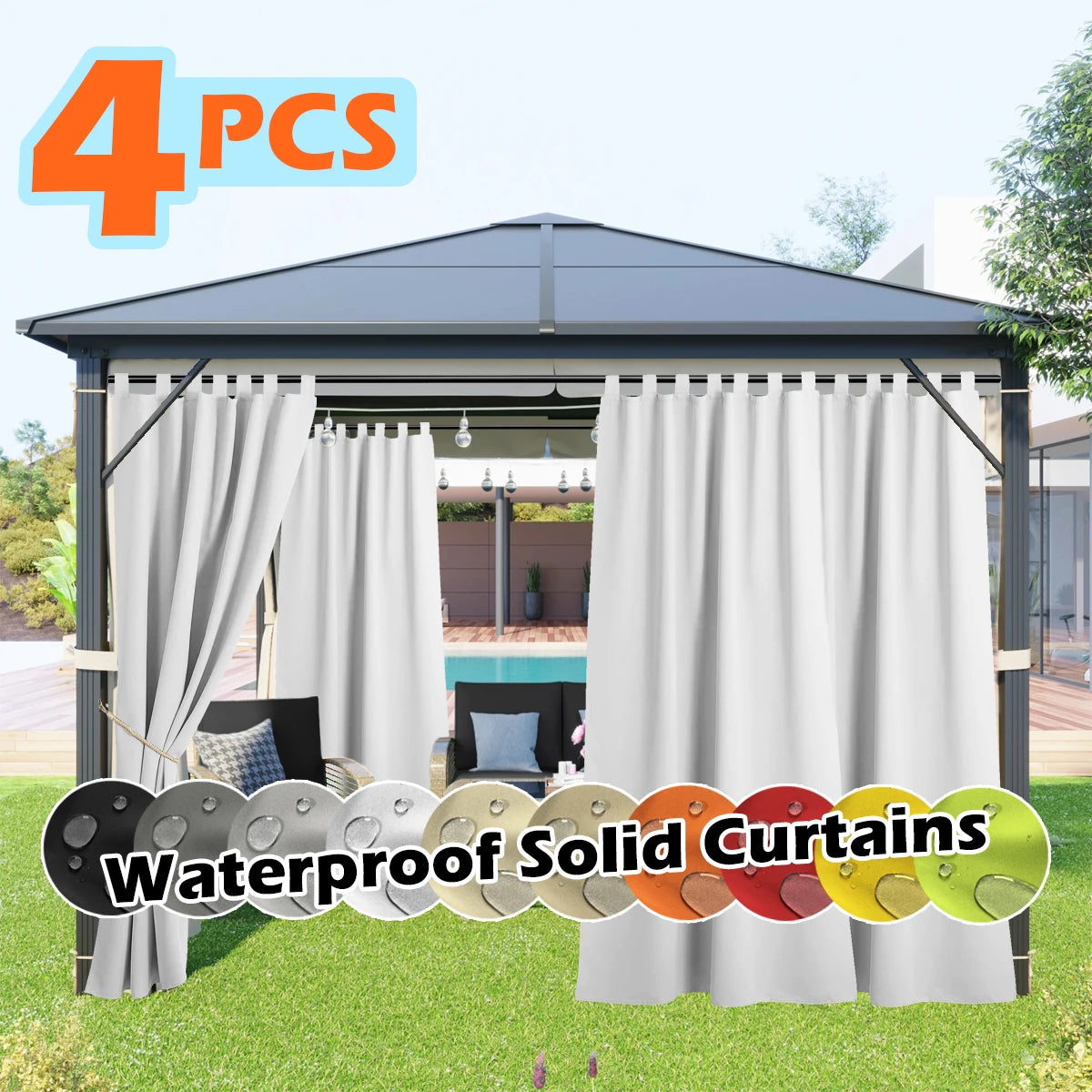 4 Panels Outdoor Curtains, Waterproof & UV-Resistant Tab Top Design for Porch, Pergola, Cabana, Gazebo Decor