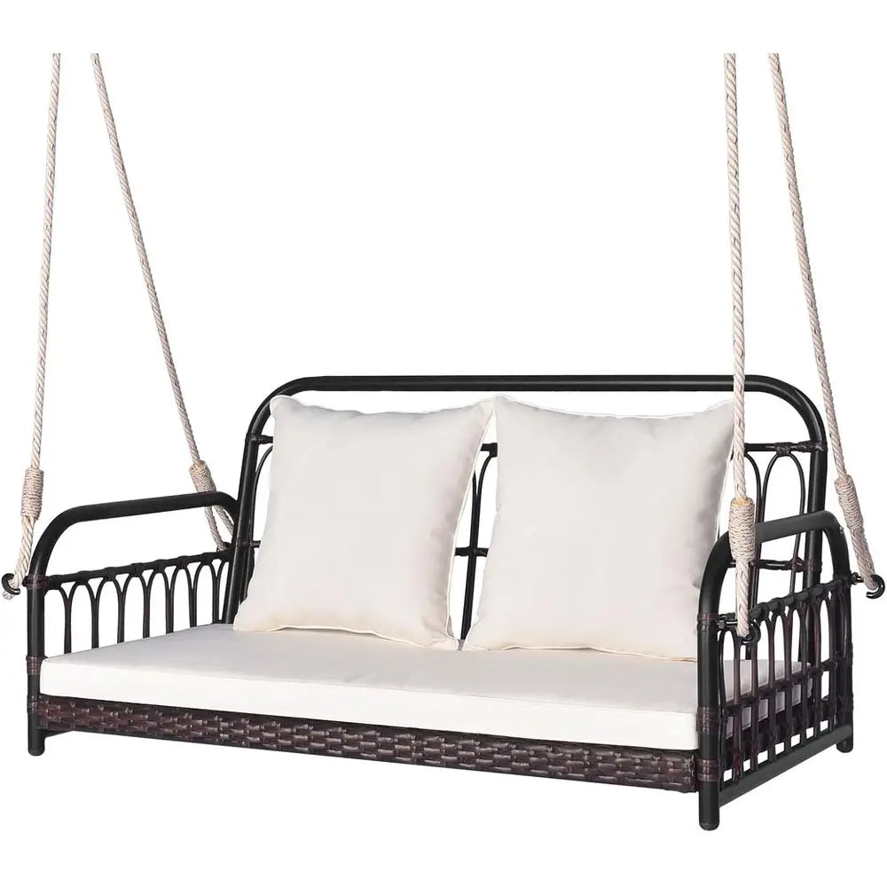 2-Person Outdoor Wicker Swing Bench with Cushions, 880lbs Capacity, Brown & White, Ideal for Patio, Garden, or Poolside
