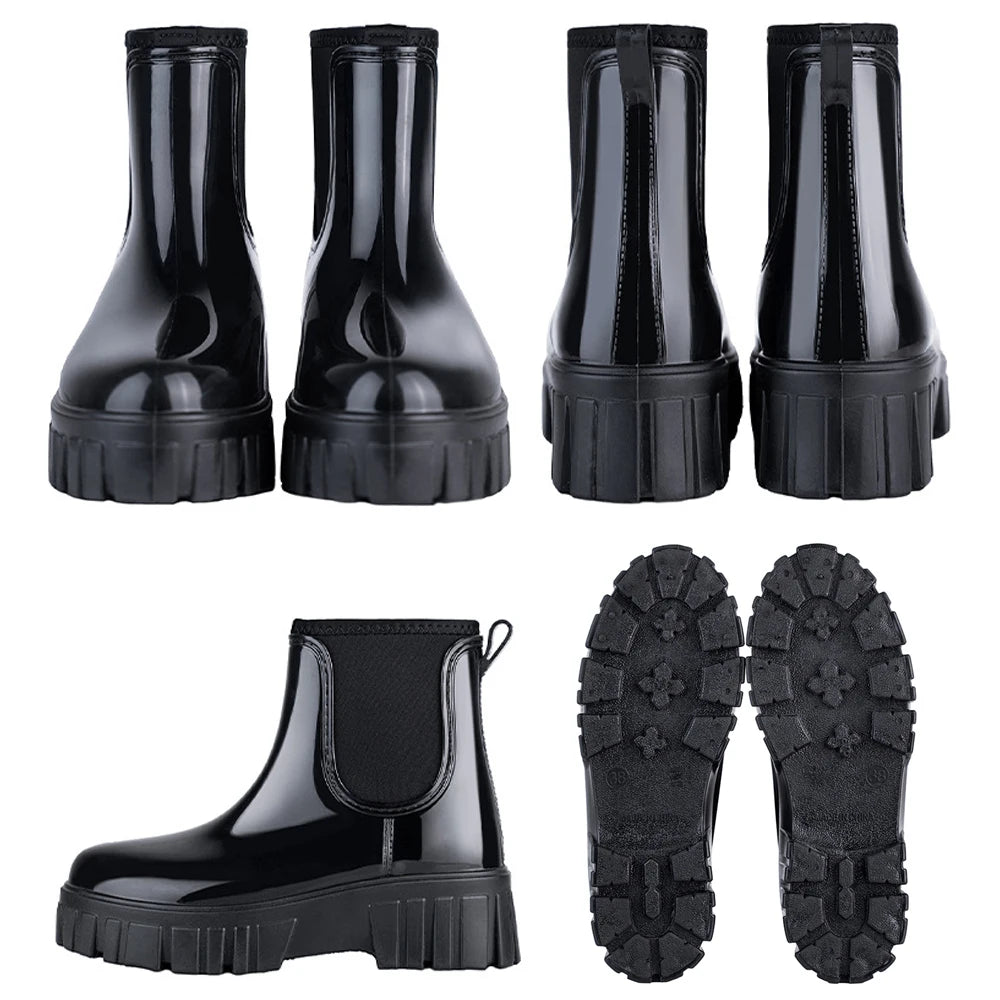 Women Waterproof PVC Rain Ankle Boots Anti Slip Thick Sole