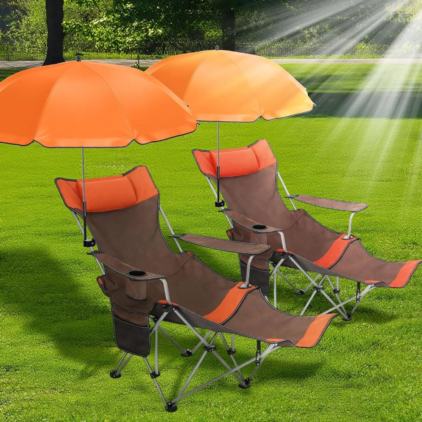 2 Pack Reclining Beach Chairs with Umbrellas Heavy Duty Folding Camping Chair Removable Footrest Adjustable Clip Canopy Lounge Chair Double Pockets Blue
