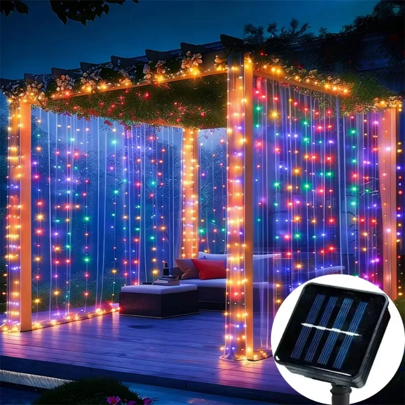 New 1 Sets of 300 LED Outdoor Fairy String Lights, Solar Curtain Lights, Waterproof Garden Party, Wedding, Christmas Decorative Lights, Festival Decorations, Halloween, New Year, Home Decorations