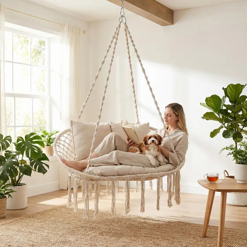 Double Swing Chair with Cushions Macrame Hanging Hammock Chair for Indoor and Outdoor Use-Beige
