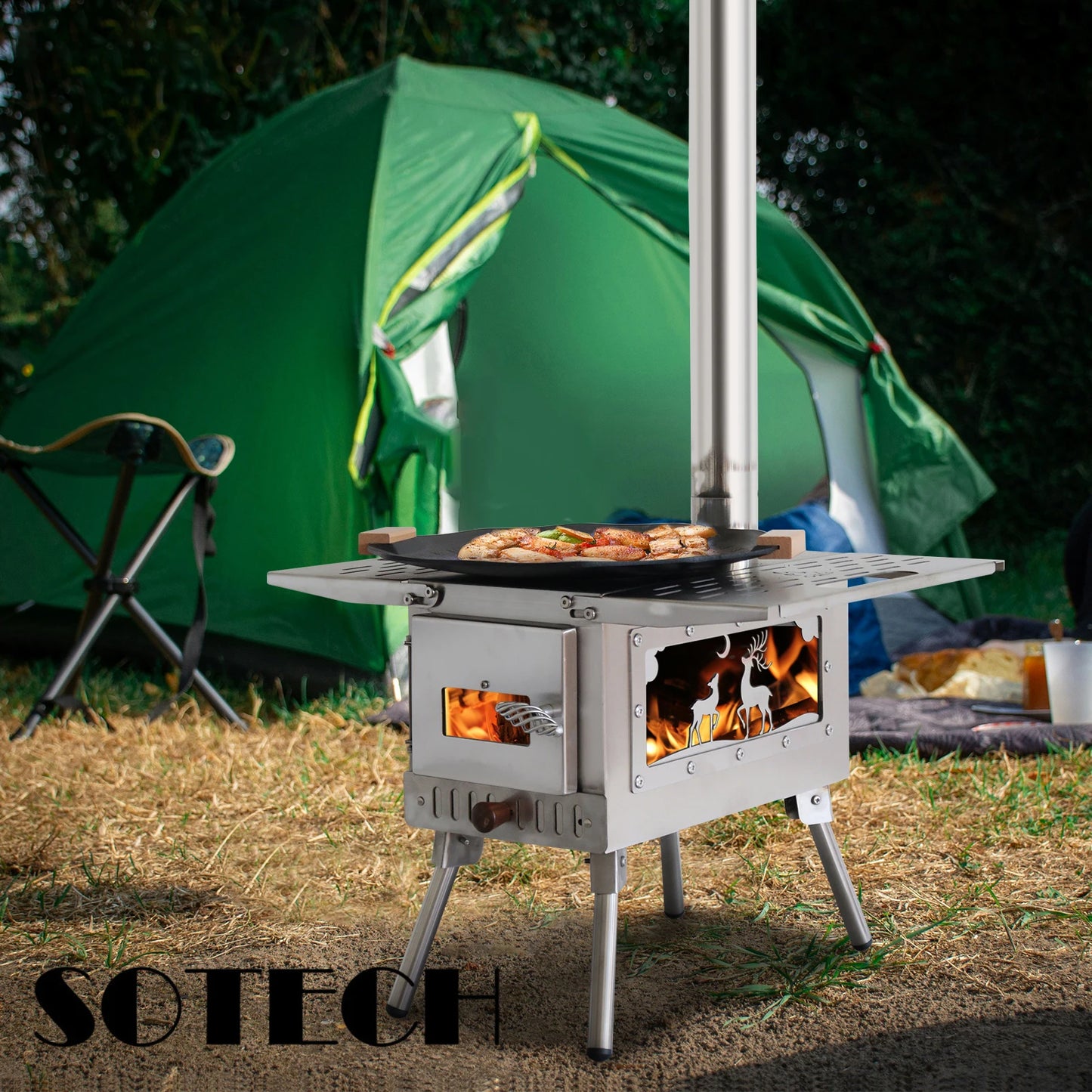 SOTECH Foldable Camping Wood Burning Stove Stainless Steel Outdoor Cooker BBQ Grill With Cooking Pan Chimney Portable Fire Pit For Camping Hiking Picnic Travel Van Life