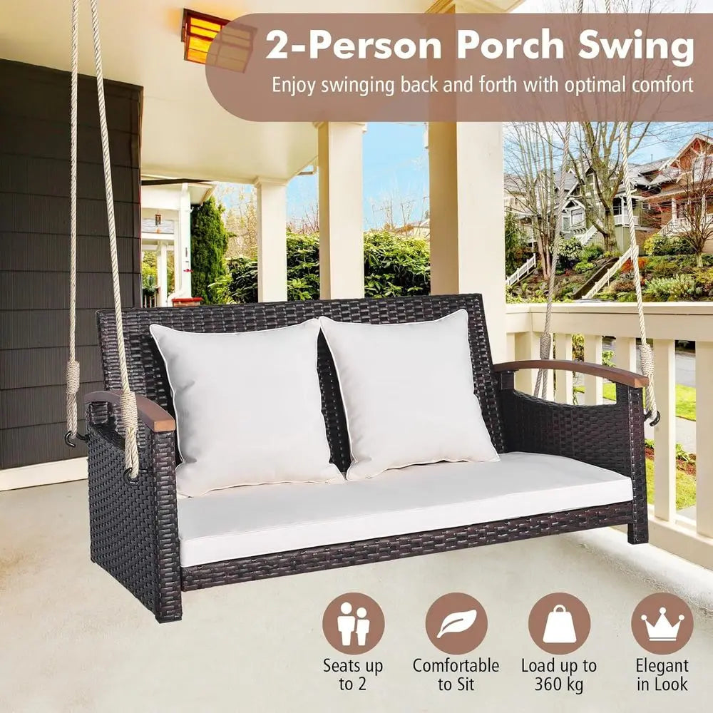 Outdoor Hanging Swing Bench with Cushions, Acacia Wood Armrests, Creamy White