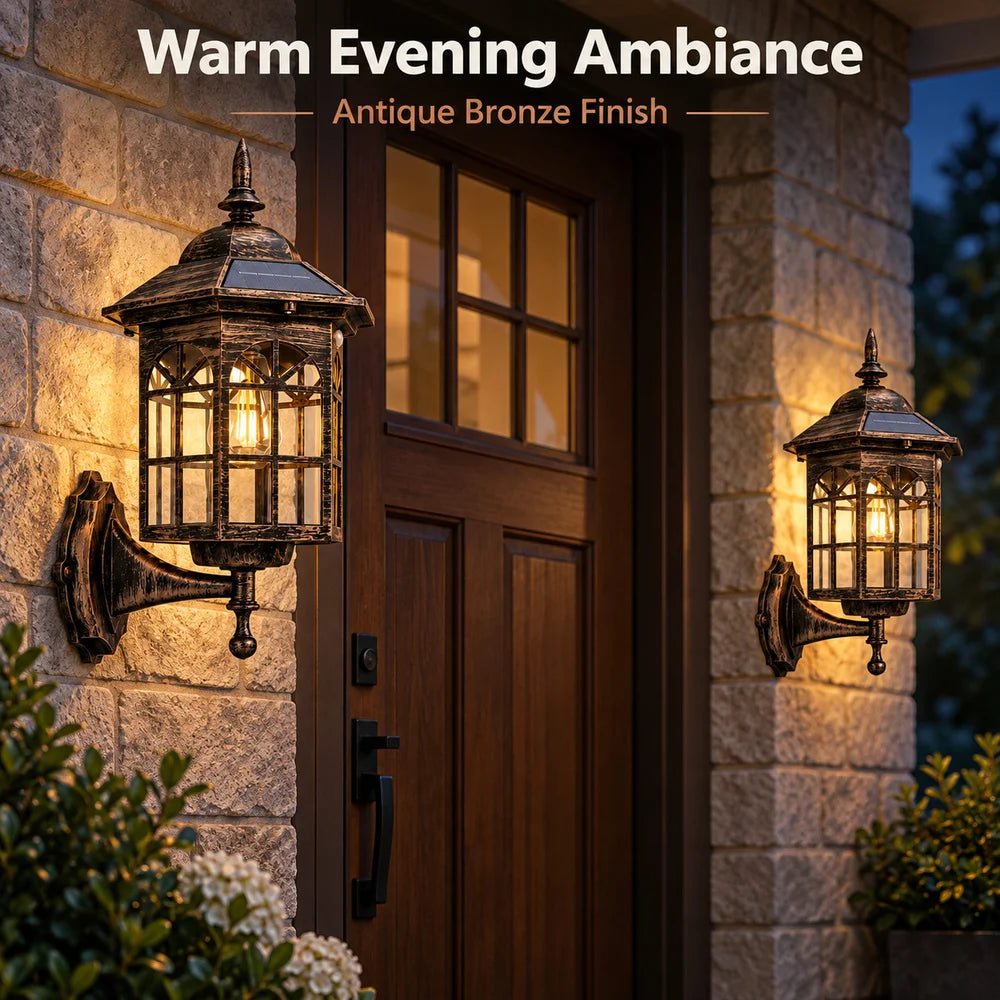 2 Pack Outdoor Solar Wall Lanterns Decorative LED Sconces Patio