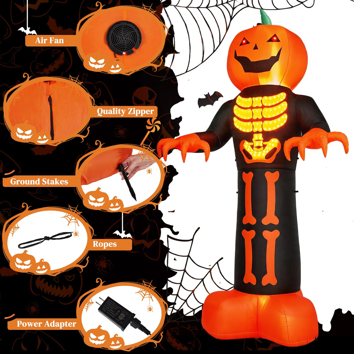 Inflatable Halloween Grim Reaper Decor With Skeleton Ribs And Pumpkin
