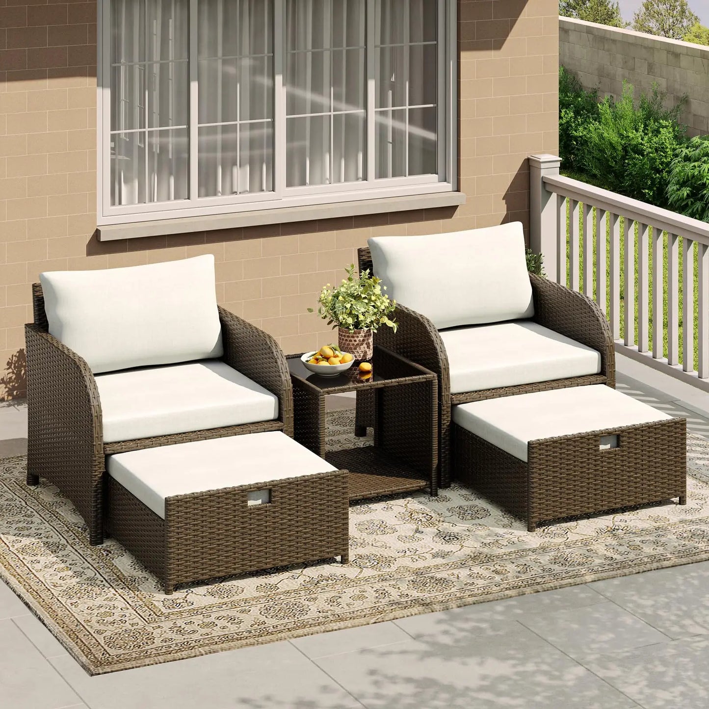 HiMISS 5 Piece PE Rattan Patio Set With Ottomans And Glass Table