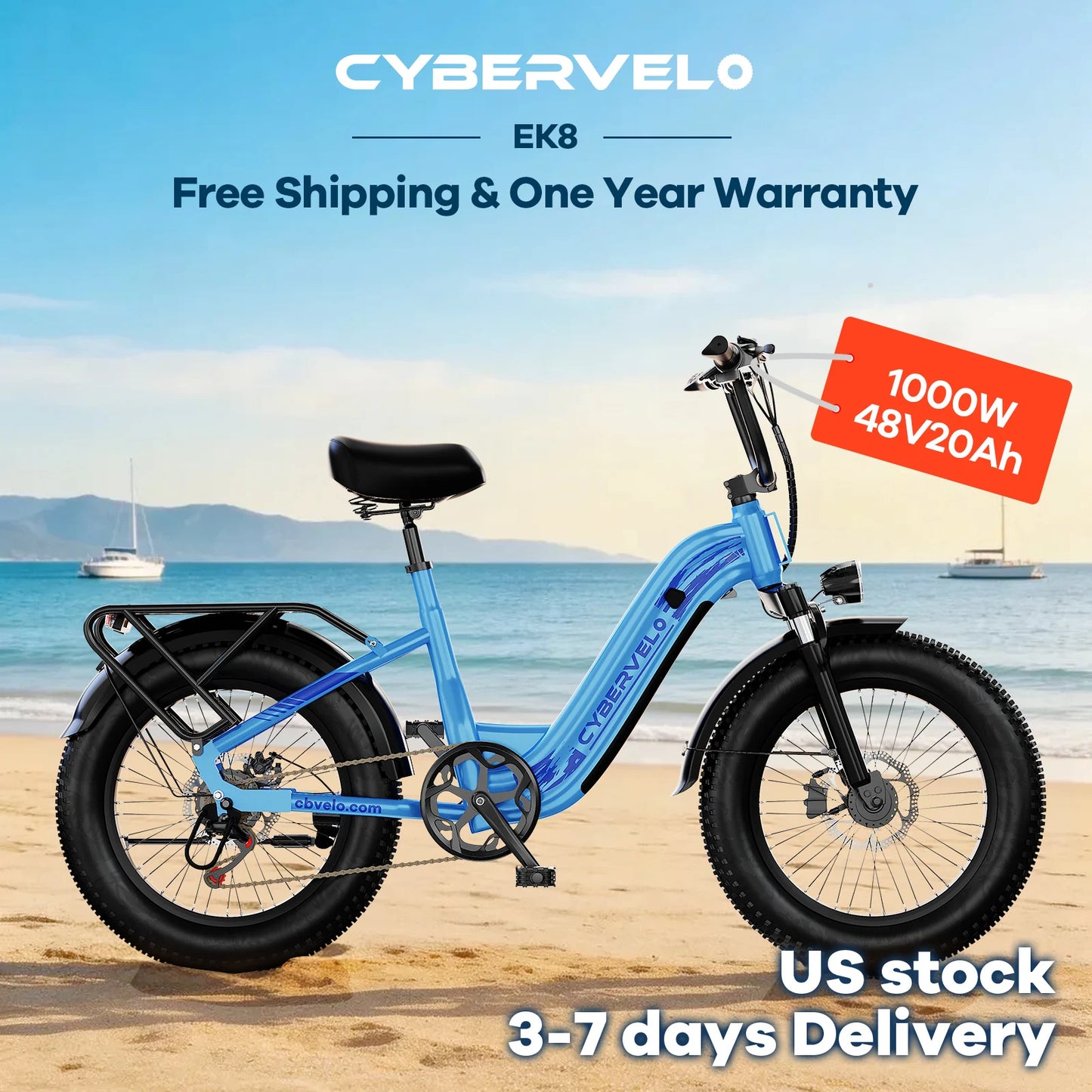 Cybervelo 1000W Motor Peak Electric Bike for Adults 48V 20AH Removable Battery Step Thru EBike 30+MPH 80 Miles Max Range 20" Fat Tire Electric Bicycles with 7 Speed EK8