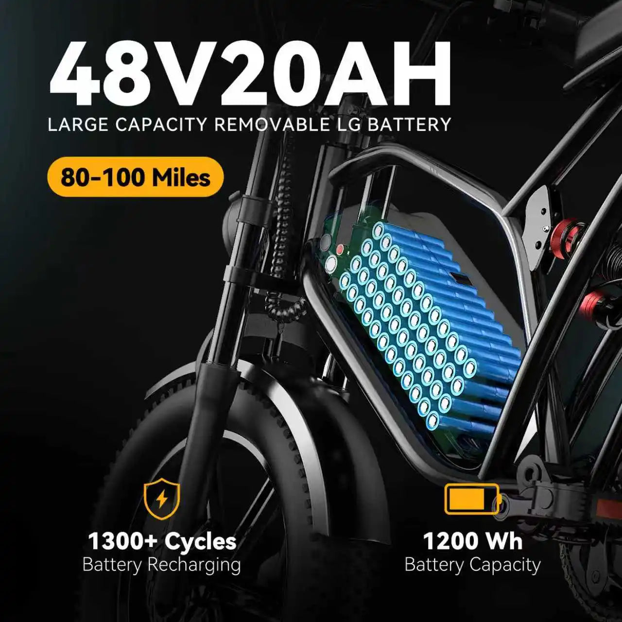 1000W Peak 20" Fat Tire All-Terrain Electric Bike, 48V Removable Battery, 80Miles+ Range Adult E-Motorcycle Cybervelo EK11
