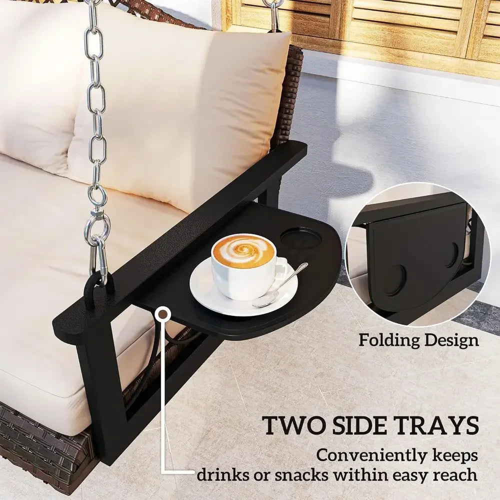 Durable Outdoor Rattan Porch Swing With Integrated Cup Holders