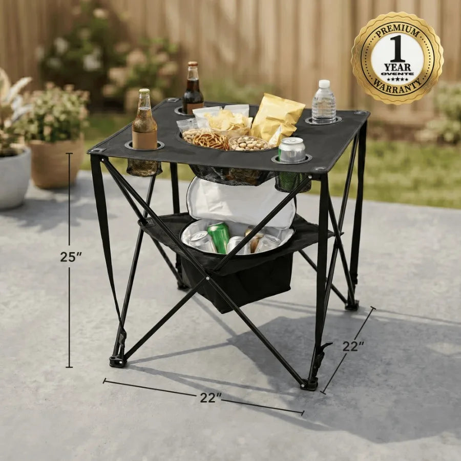 Collapsible Folding Camping Table with Insulated Cooler 4 Cup Holders Food Basket and Travel Bag Portable Tailgating Table for