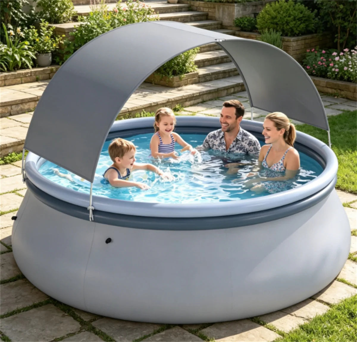 118" x 68" Large Capacity Outdoor Inflatable Swimming Pool with Sunshade Tent, Tear Resistant Heavy-Duty PVC Blow Up Pool, Portable 6-Person Family Water Pool Complete with Repair Kit for Backyard Garden Summer Party