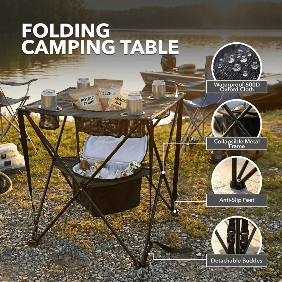 Collapsible Folding Camping Table with Insulated Cooler 4 Cup Holders Food Basket and Travel Bag Portable Tailgating Table for