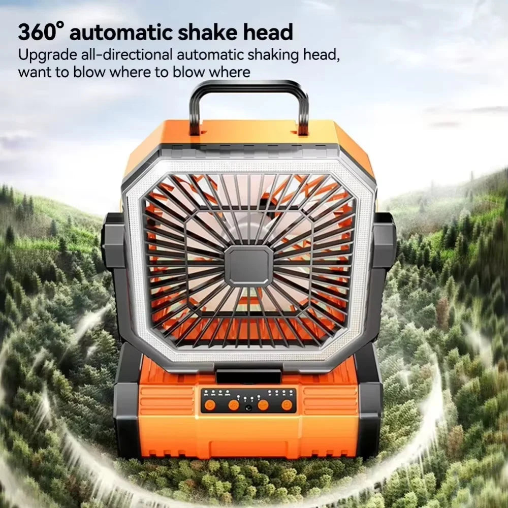 Outdoor Camping Fan 20000mAh Rechargeable Fan with LED Lantern & Remote for Fishing Travel, 4 Speeds 8H Timer, Hanging Hook