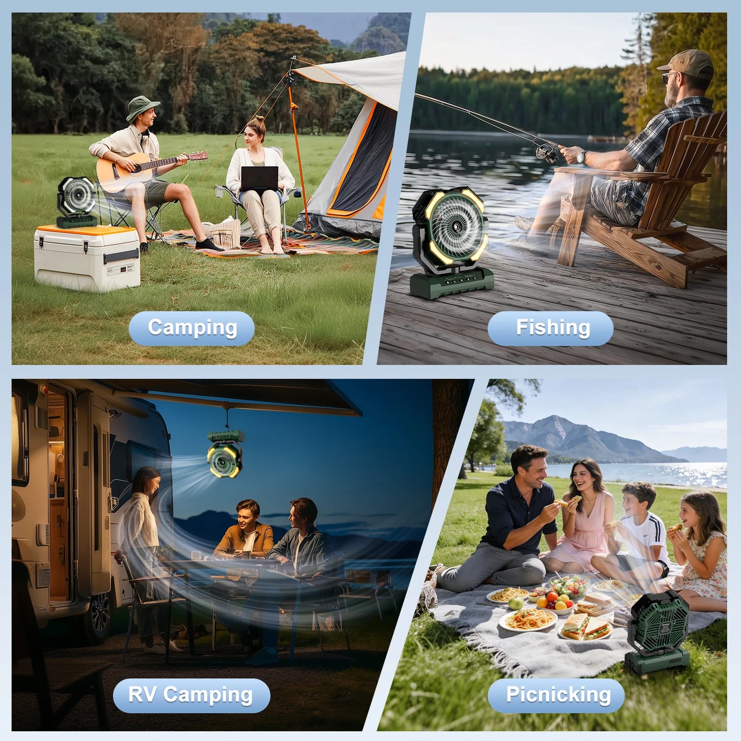 20000mAh Operated Mist Cooling Fan Portable Rechargeable Desk/Camping Fan with LED Light and Hook Outdoor Fan for Tent Car Trip