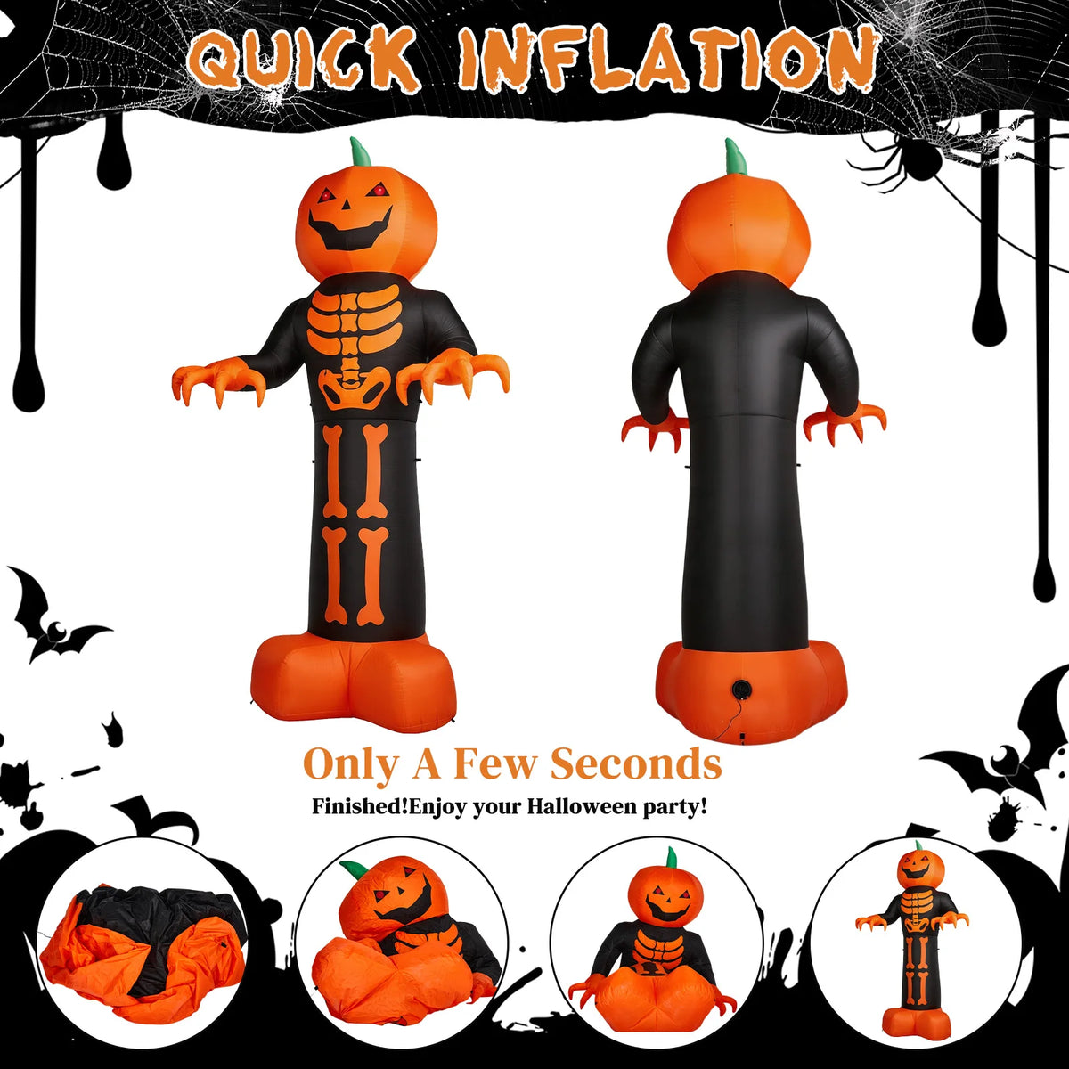 Inflatable Halloween Grim Reaper Decor With Skeleton Ribs And Pumpkin