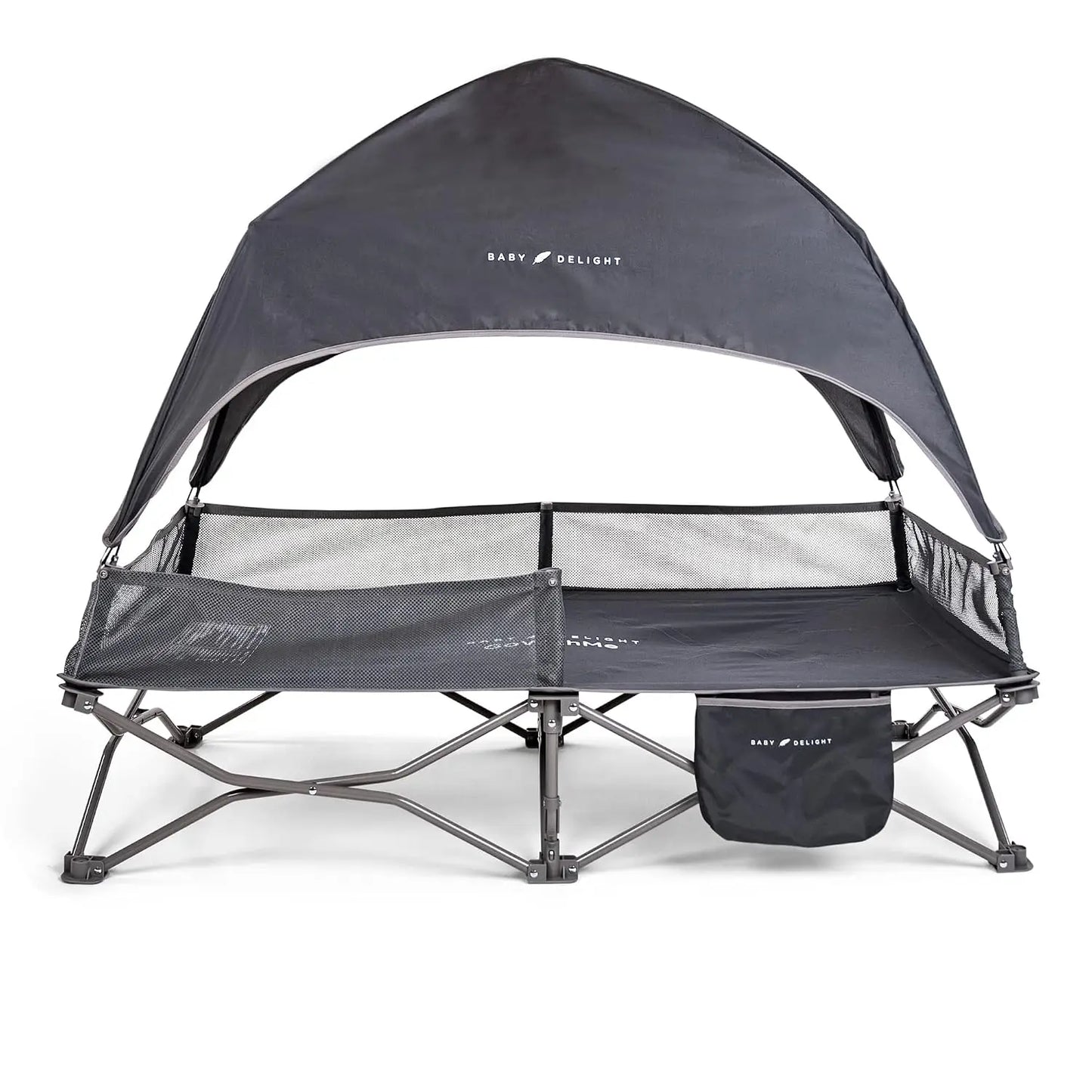 Portable Travel Cot for Toddlers with Sun Canopy, Indoor Outdoor Baby Bed, Folding Camping Crib, Grey