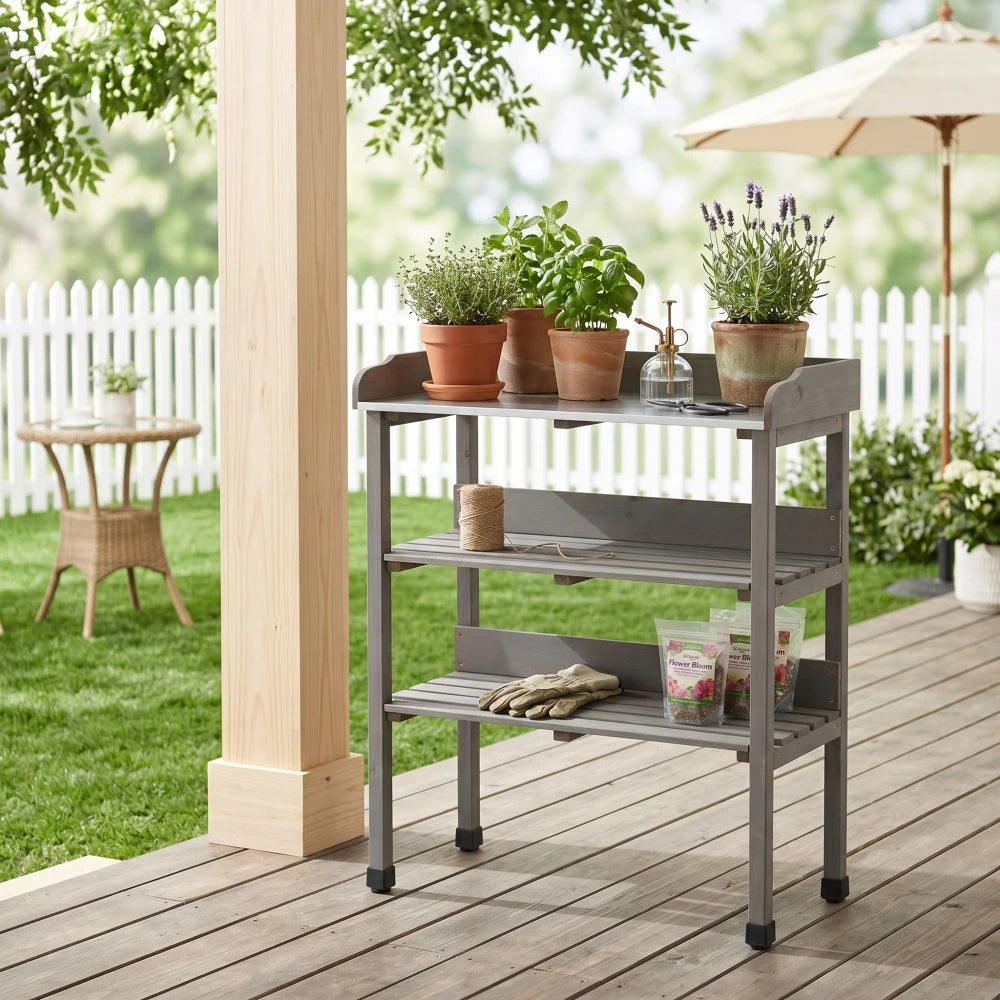 30″×14.5″×35.5″ 3-Layer Outdoor Potting Table Metal Tabletop Solid Wood Work Bench with Hook for Garden Garage