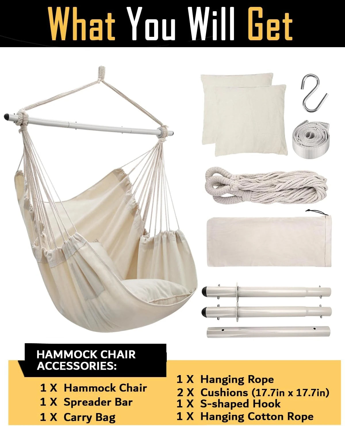 Hanging Swing Chair for Indoor & Outdoor All Weather Use, Premium Soft Cozy Fabric Hammock Chair, Comfort Hanging Seat for Garden Patio Balcony Bedroom