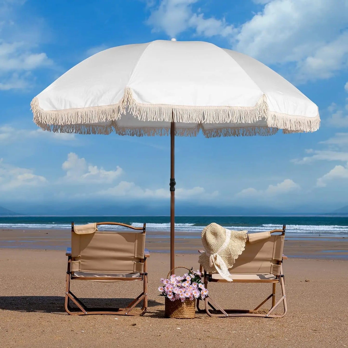 7.5Ft Patio Beach Umbrella with Fringe & Tassel, UPF50+ Push Button Tilt & Crank, for Garden, Lawn, Deck, Yard & Pool