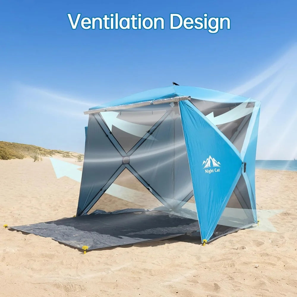 Night Cat Pop-up Beach Tent: 3 4 Persons Beach Shelter with Canopy and Footprint, UPF 50+ UV Protection Backyard Camping Outdoor Canopy Poles Not Included