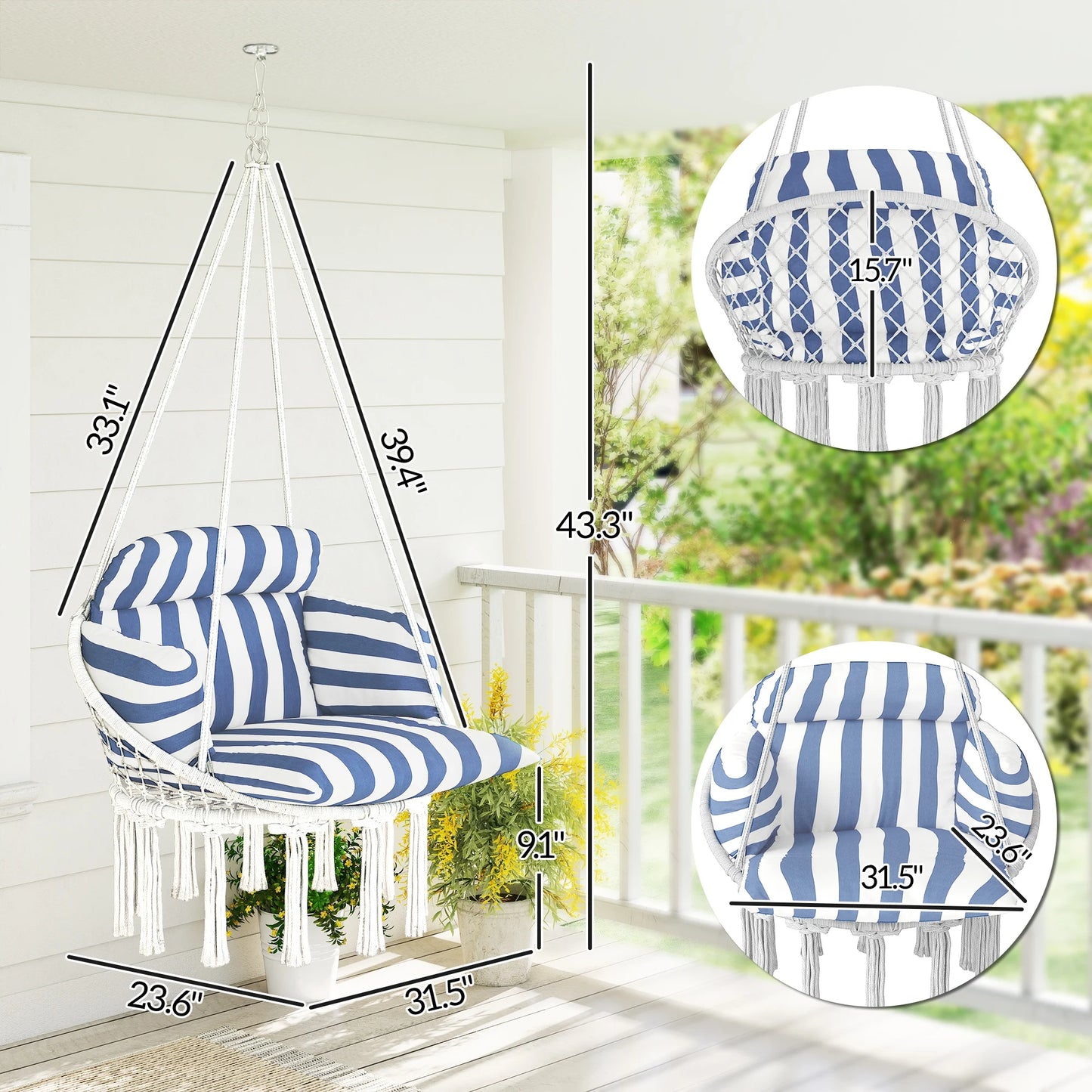 Hanging Hammock Chair with Cushion, Macrame Swing Chair, Blue